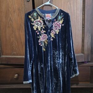 Johnny Was Blue Velvet Long Sleeve Dress with Floral Embroidery
